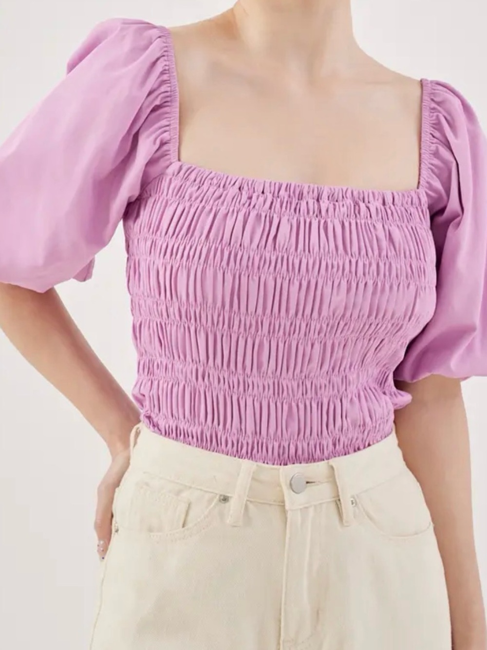 Love Bonito - Smocked Square-Neck Puff Sleeve Top in Lilac